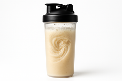 heller einfarbiger Hintergrund, shakerbecher steht, Proteinshake im shaker wird gemischt