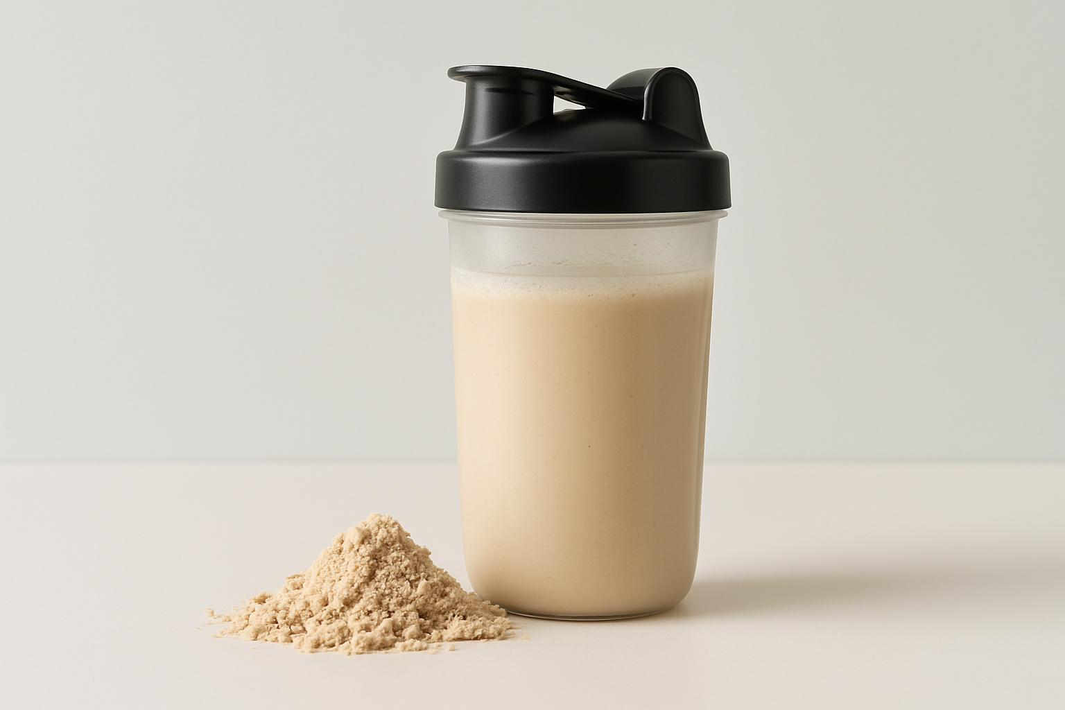 Hintergrund einfarbig, heller Hintergrund mit modernen Farben, steht der shaker-becher der mit Proteinshake gefüllt ist, davor ist etwas Proteinpulver